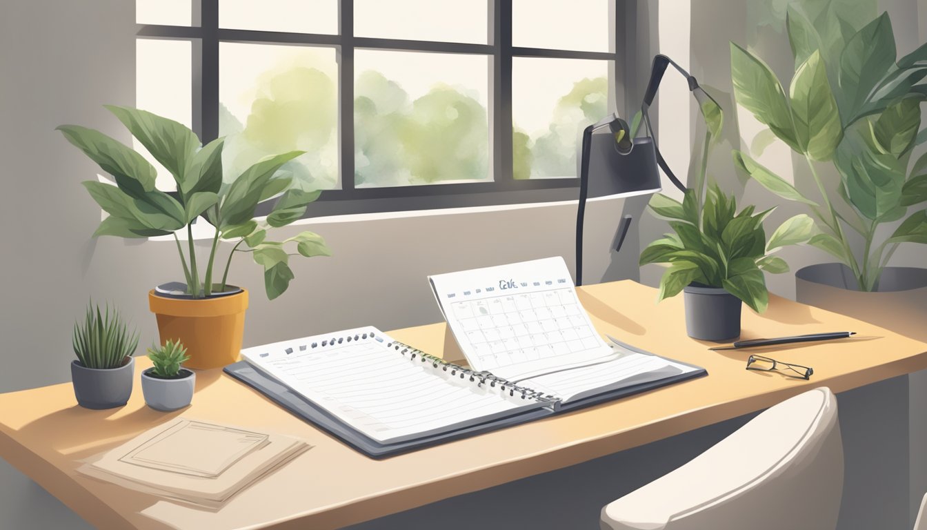A clutter-free desk with a calendar, to-do list, and organized
supplies. A cozy workspace with natural light and
plants