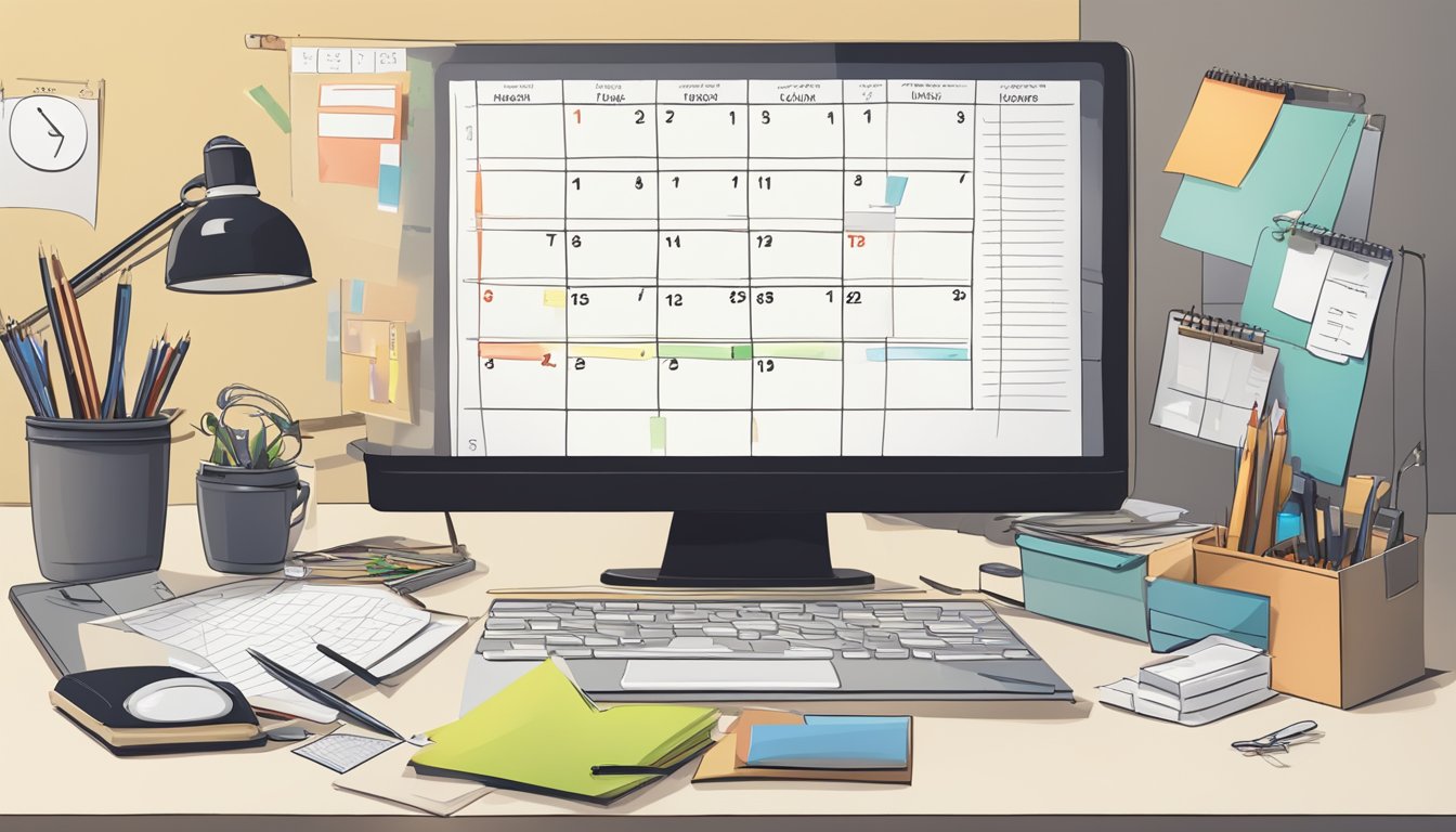 A cluttered desk with a calendar, to-do list, and a timer set for a
specific task. A clear path leading from chaos to
completion
