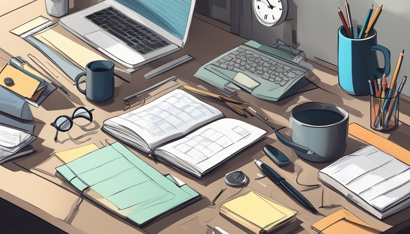 A cluttered desk with a to-do list, a timer, and a notebook. A
person’s shadow looms over the desk, as if ready to tackle the
tasks