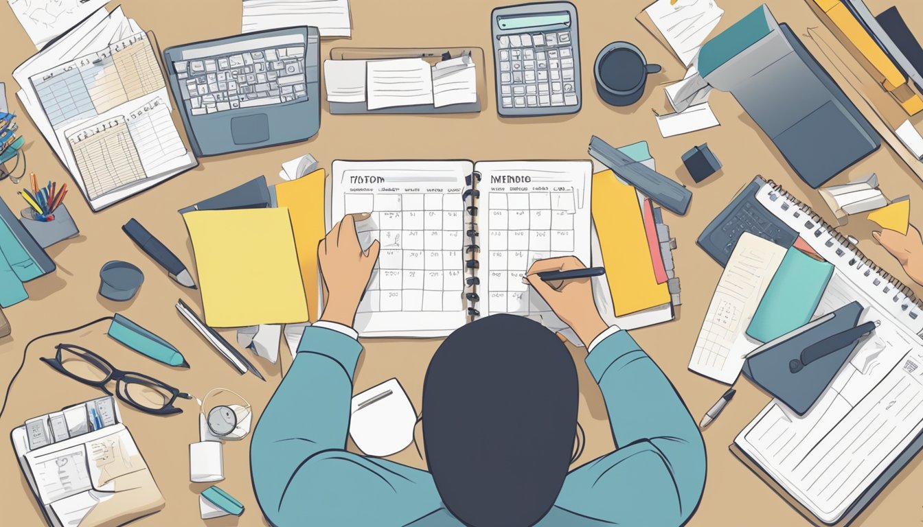 A cluttered desk with a calendar, to-do list, and a timer. A person’s
back turned, focused on a task, surrounded by completed
tasks