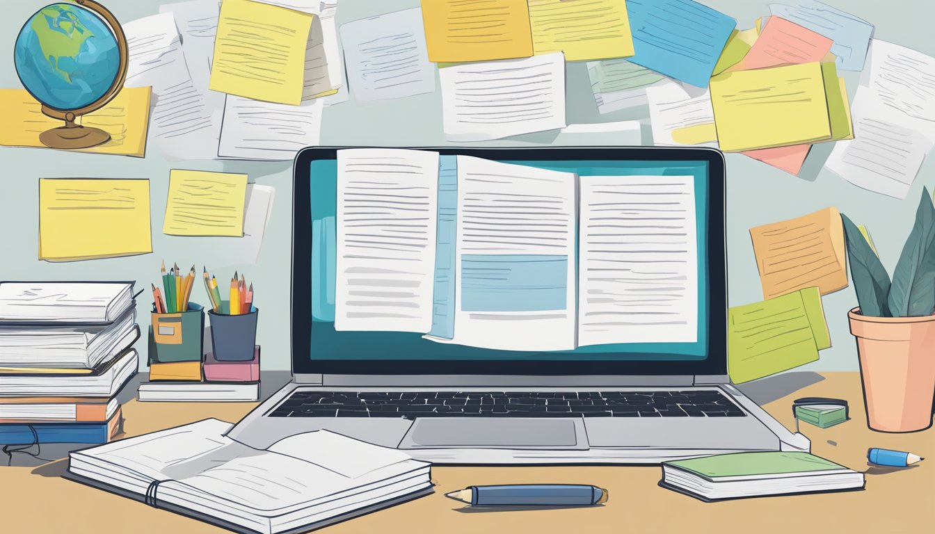 A cluttered desk with open language textbooks, flashcards, and a
globe. A laptop displaying language learning software. Post-it notes
with vocabulary scattered
around