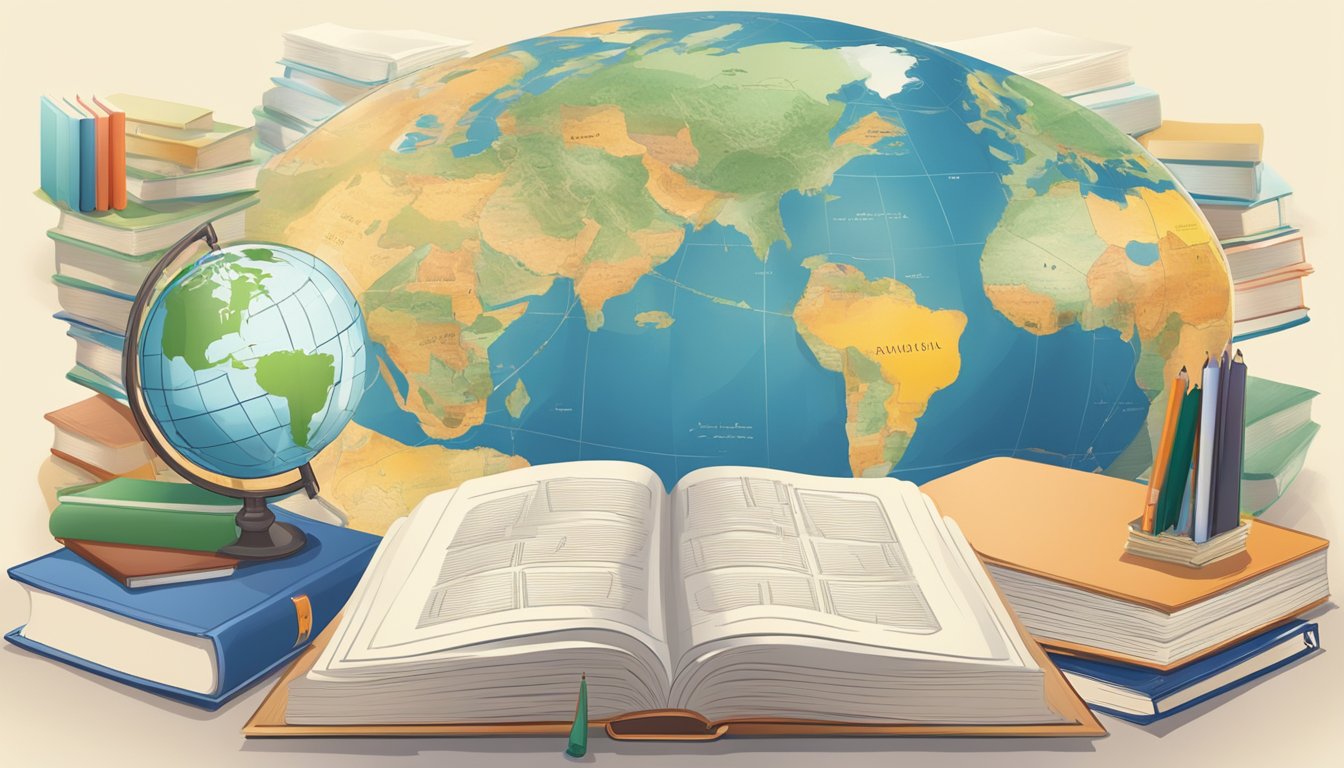 A book with a world map on the cover, surrounded by language textbooks
and notebooks, with a globe and language dictionaries
nearby
