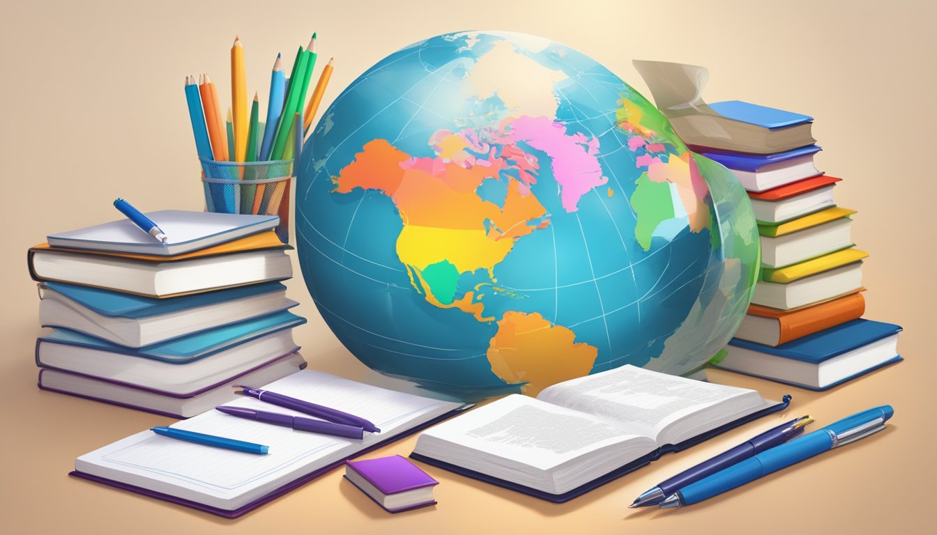 A stack of language textbooks surrounded by open notebooks and
colorful pens, with a world map on the
wall