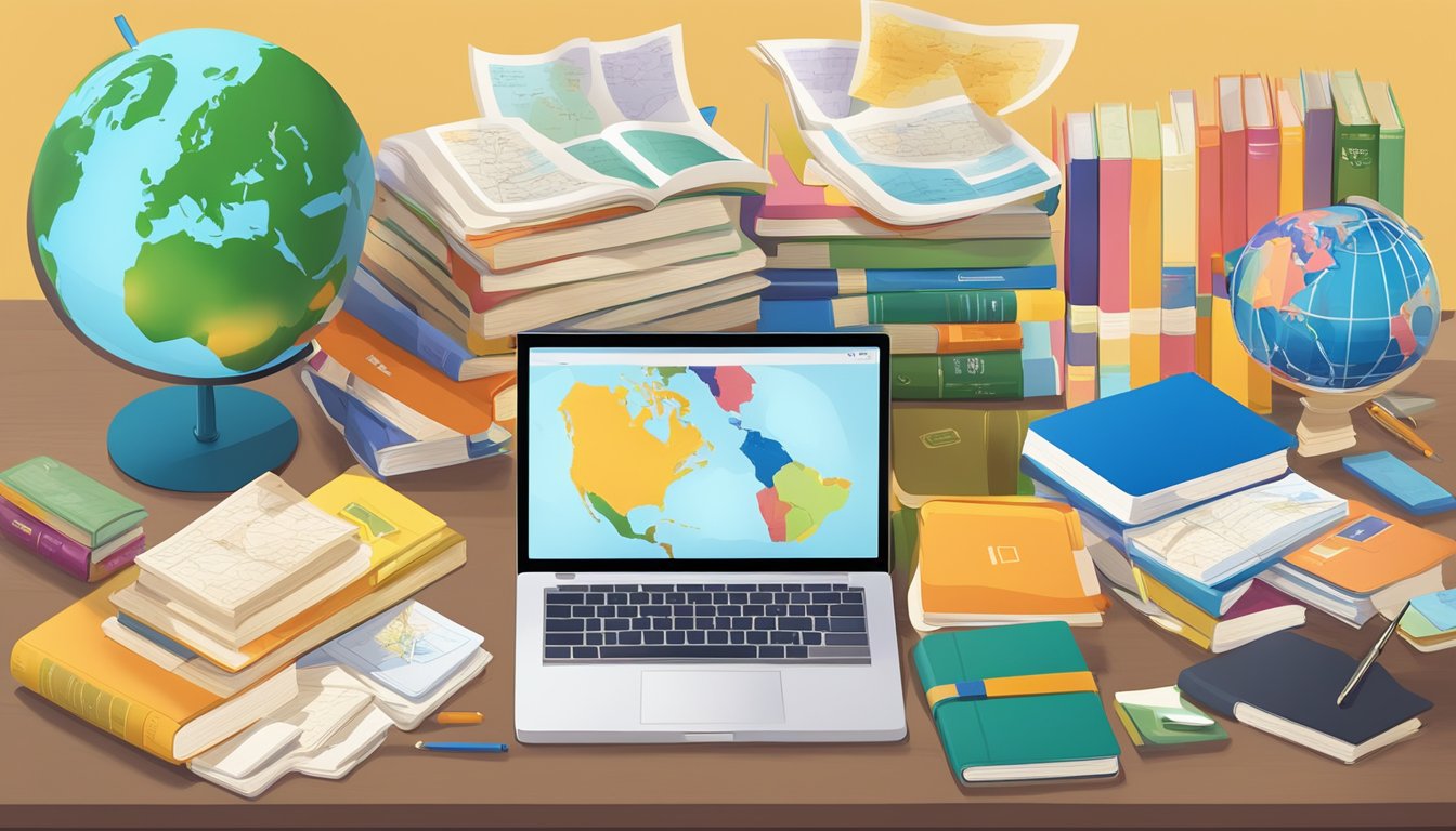 A colorful array of language textbooks, flashcards, and digital
language learning tools arranged on a desk, surrounded by diverse
cultural artifacts and maps from around the
world