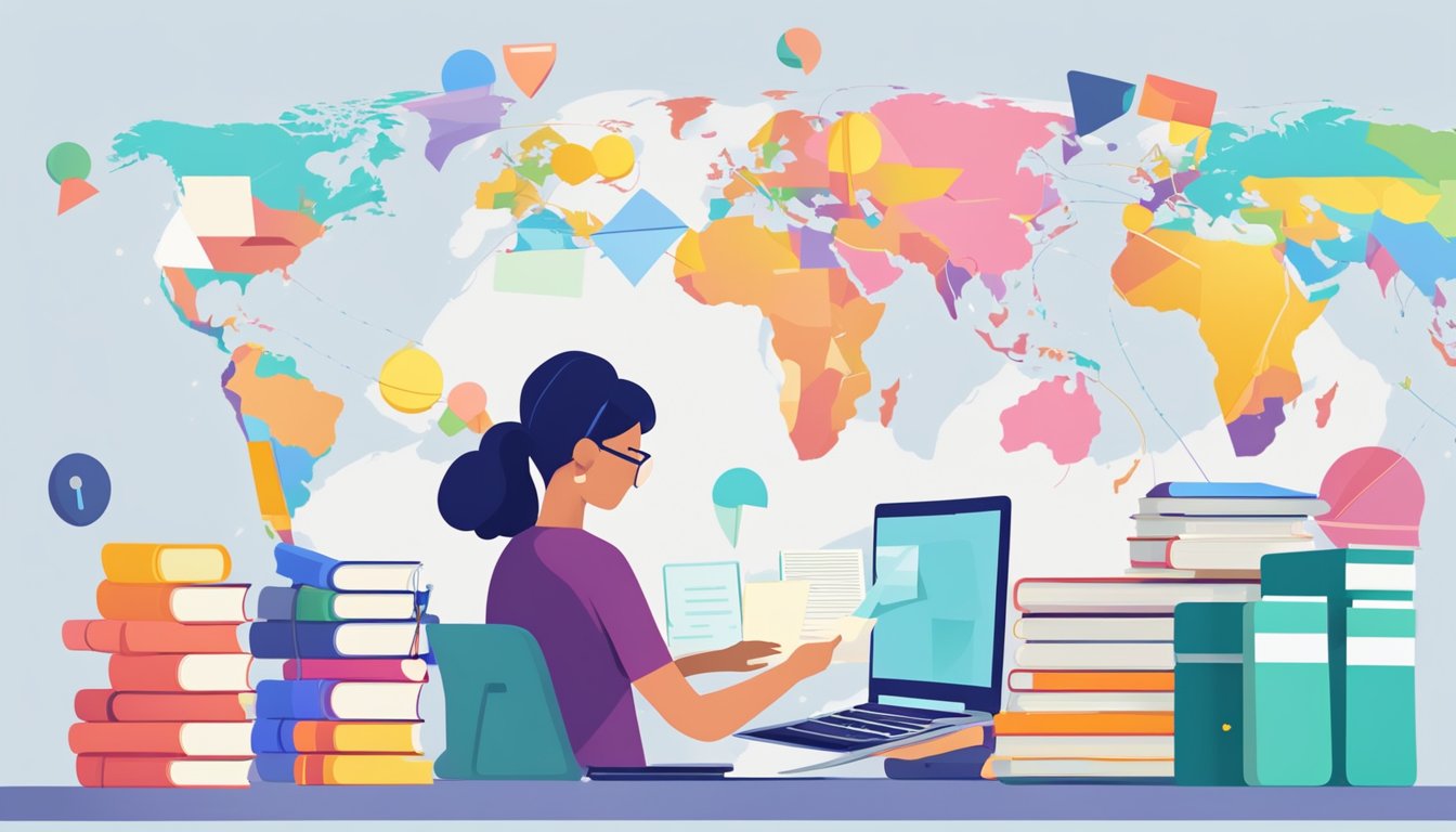 A stack of open language textbooks surrounded by colorful flashcards
and a globe. A person typing on a laptop with multiple language tabs
open. A world map with pins marking different
countries