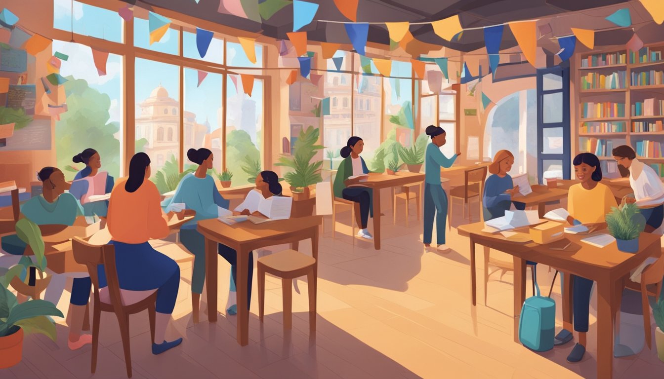 A cozy cafe with books and language learning materials scattered on
tables. A globe and language flags adorn the walls. A group of people
engage in lively multilingual
conversation