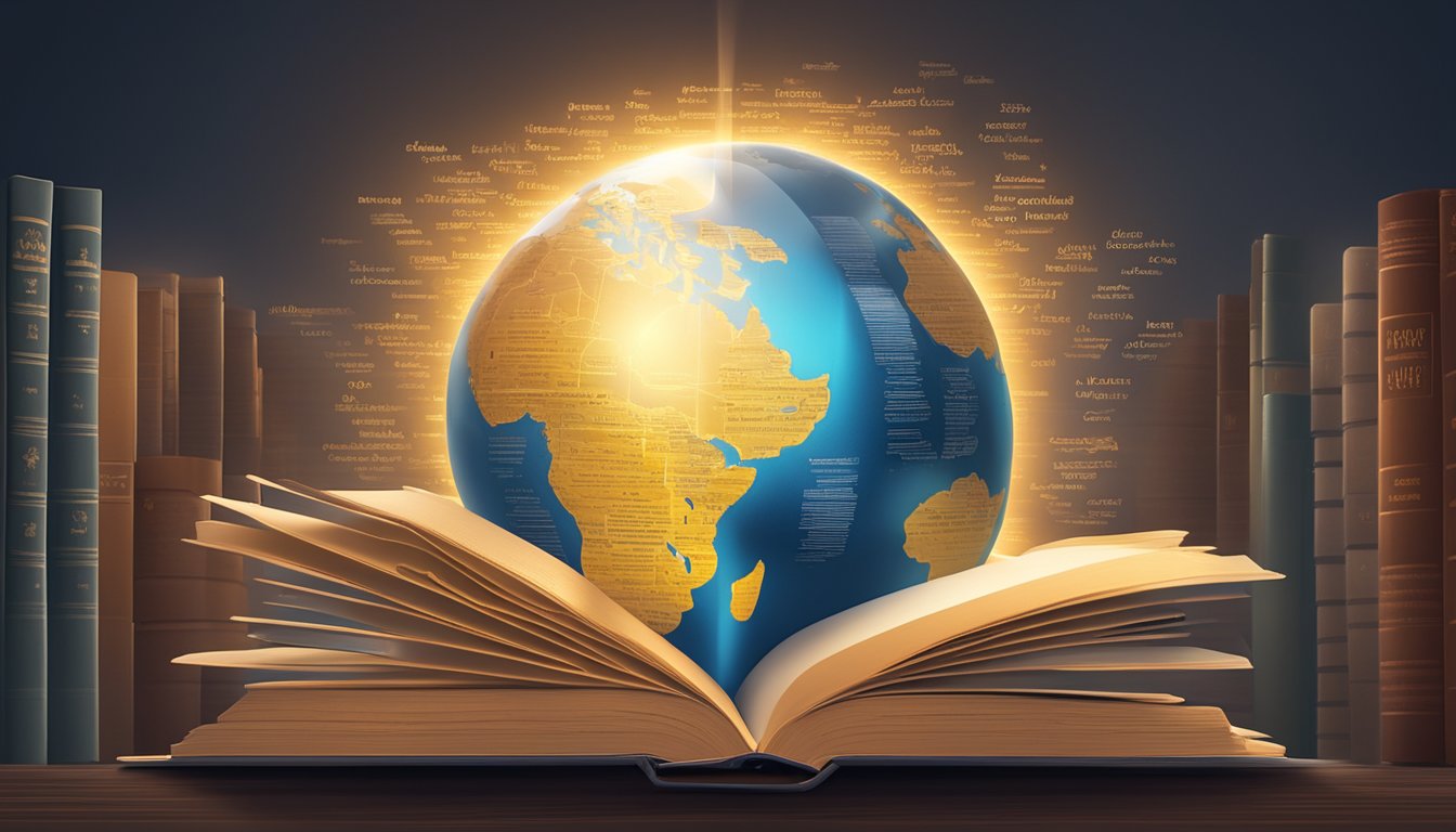A stack of open books surrounded by diverse language dictionaries and
a globe, with rays of light shining down, symbolizing the power of
storytelling and context in mastering multiple
languages