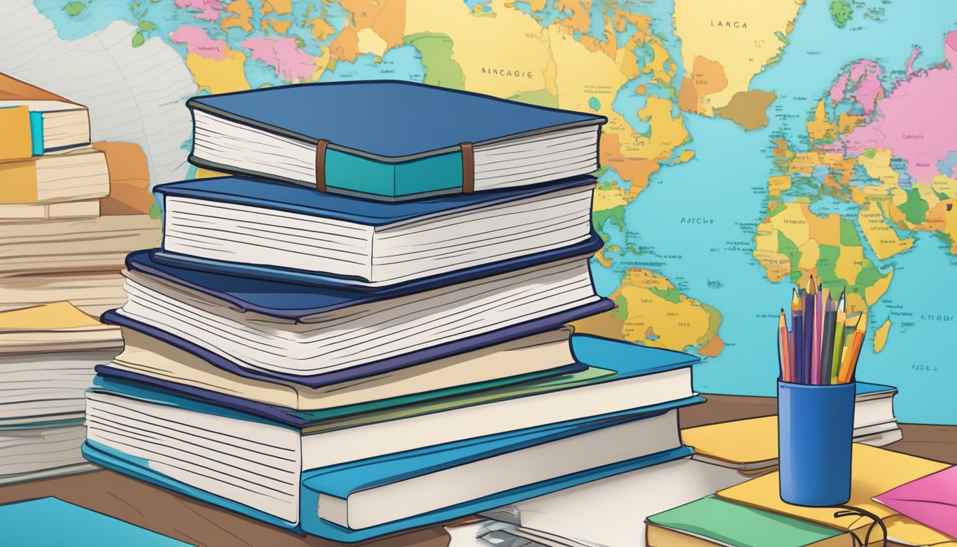A stack of open language textbooks surrounded by notebooks and pens,
with a world map on the wall, showing language learning
progress