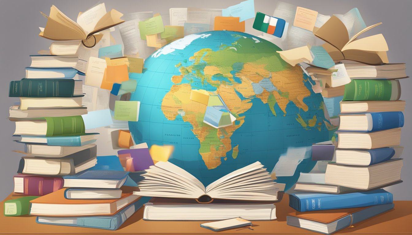 A stack of open language textbooks, a globe, and a world map on the
wall, surrounded by various language flashcards and
dictionaries