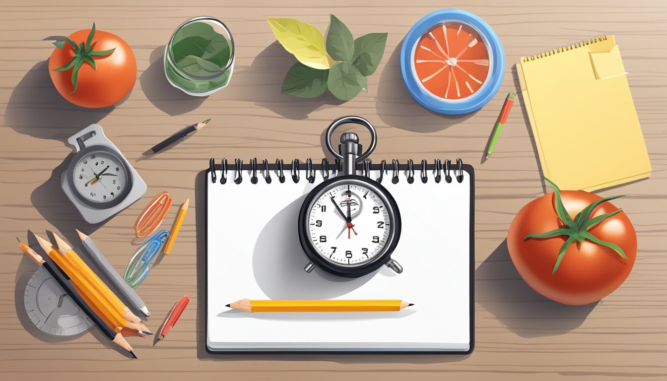 A timer set for 25 minutes, a notepad, and a pencil on a clutter-free
desk with a tomato-shaped kitchen timer in the
center