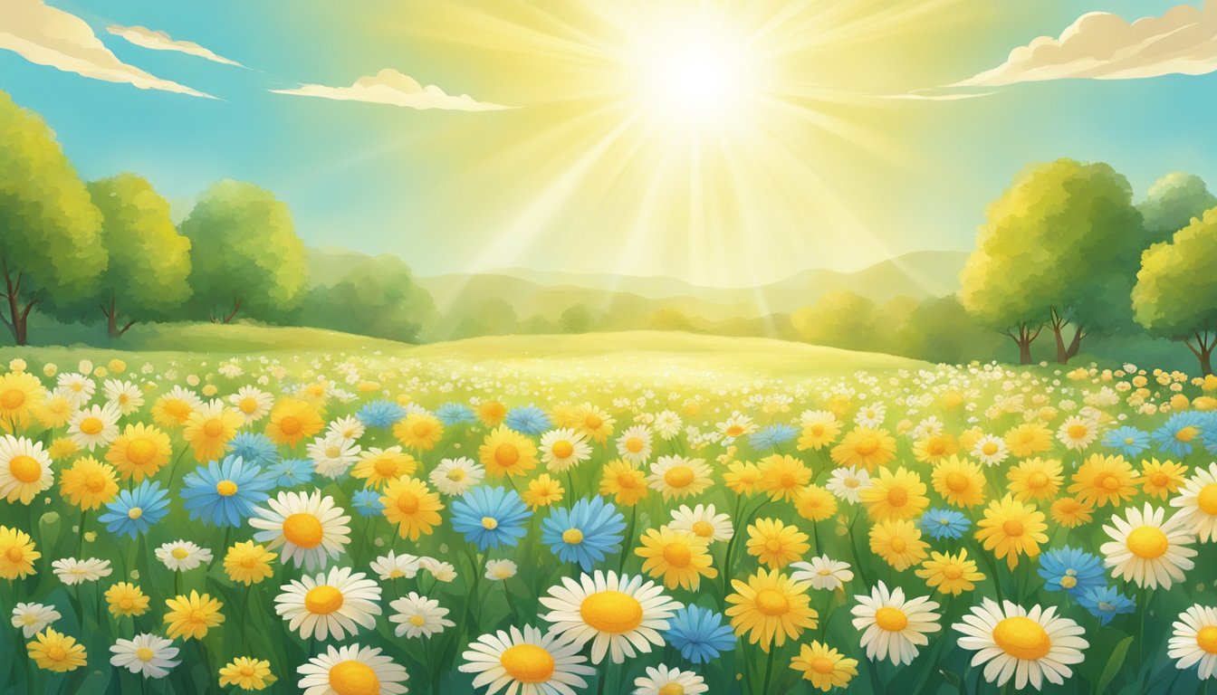 A bright sun shining down on a field of blooming flowers, with a clear
blue sky and a gentle
breeze