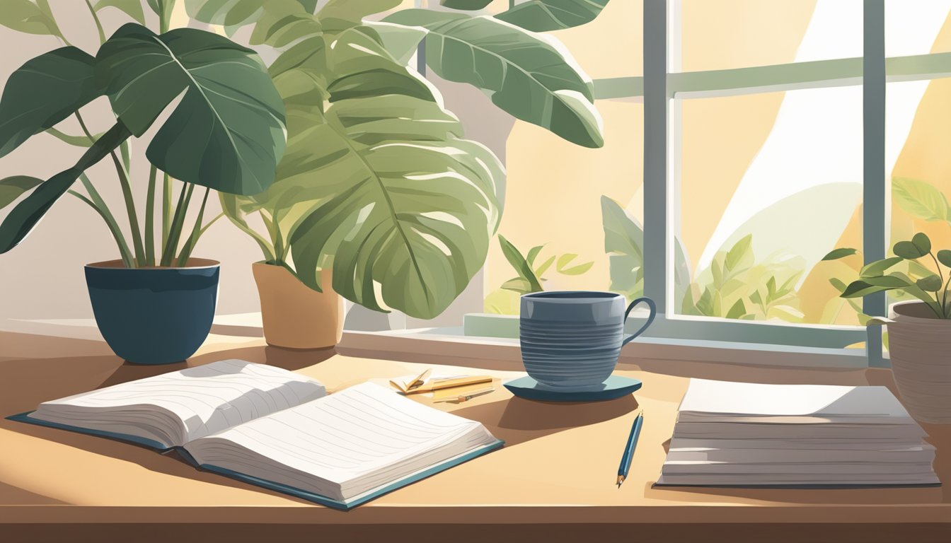 A serene, sunlit room with a desk and a journal open to a page filled
with positive affirmations. A warm, inviting atmosphere with plants and
natural
light