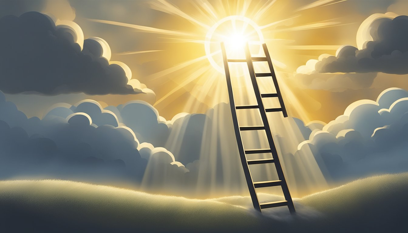 A bright sun breaking through dark clouds, with a ladder reaching from
the ground to the sky, symbolizing the journey of overcoming mental
barriers and prospering through positive
affirmations