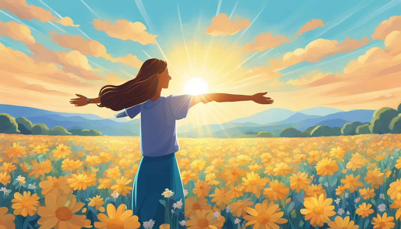 A bright sun shining over a field of blooming flowers, with a clear
blue sky and a gentle breeze. A person stands with arms open, embracing
the positivity and growth around
them