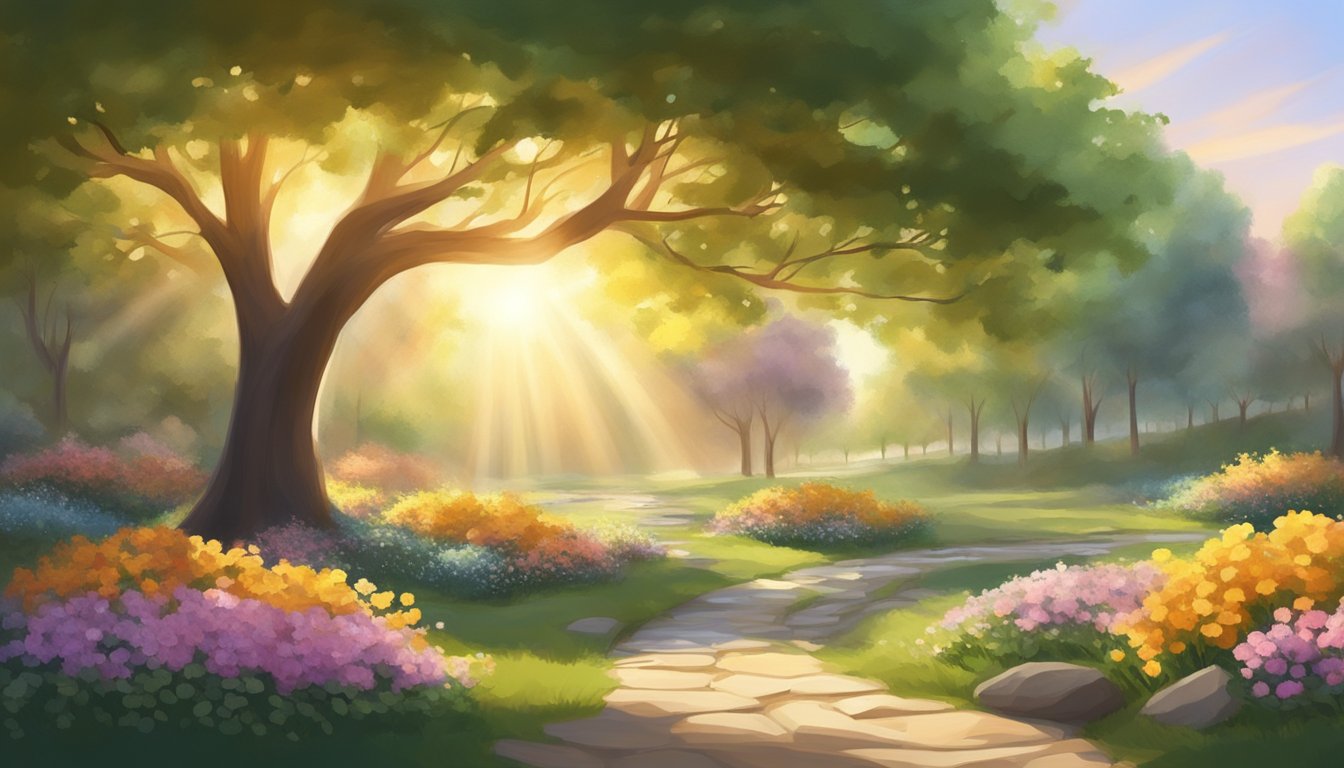 A serene garden with blooming flowers and a steady stream, surrounded
by tall, strong trees. The sun shines brightly, casting a warm and
comforting glow over the
scene