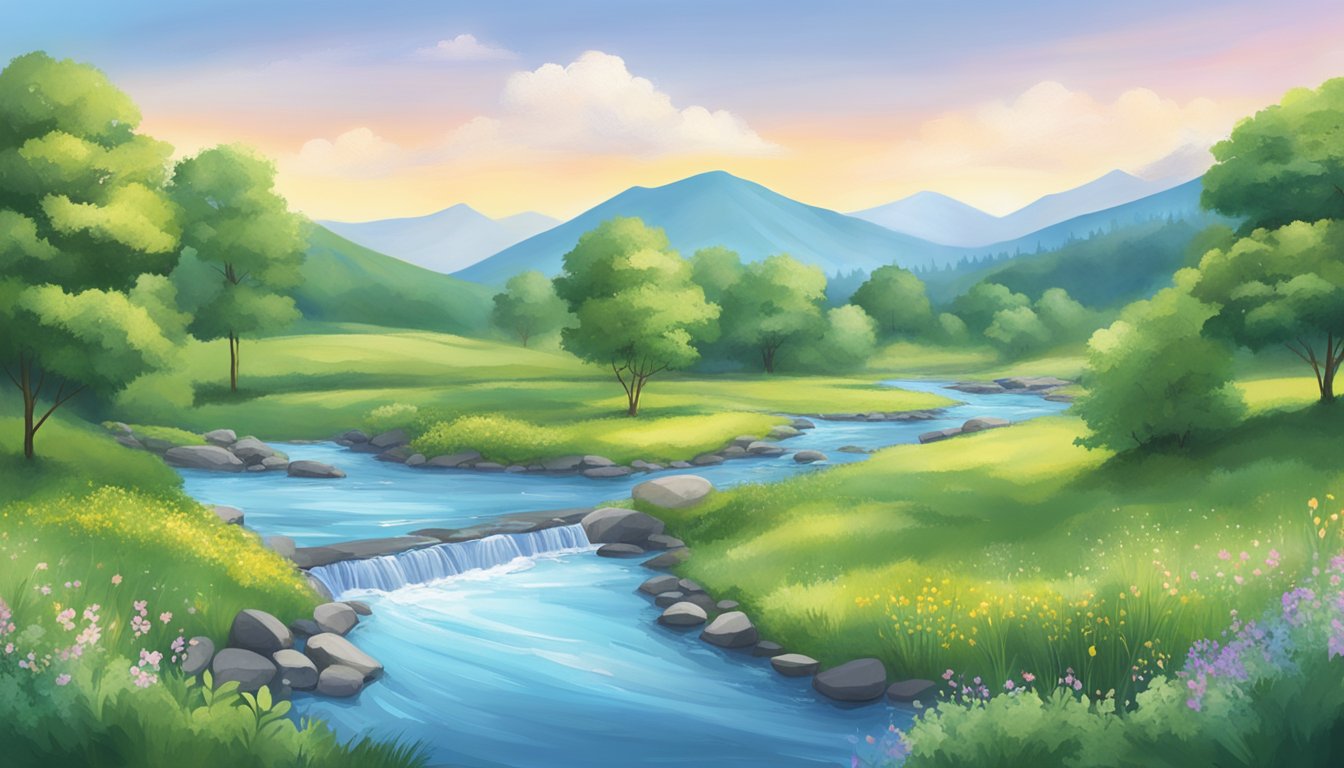 A serene landscape with a clear blue sky, lush greenery, and a
peaceful stream flowing through, surrounded by positive affirmations
written in the
air