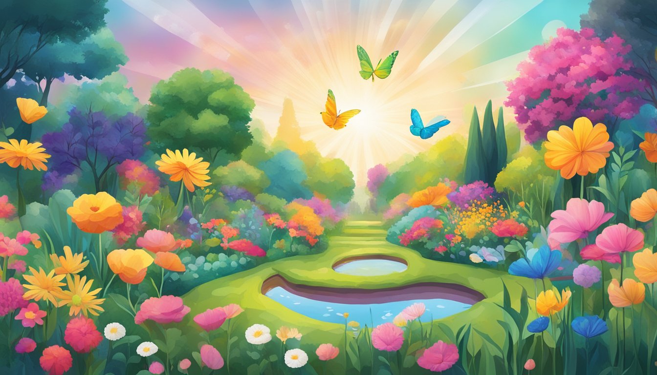 A colorful garden with words like “prosper,” “adapt,” and “positive”
floating in the air, surrounded by vibrant
energy
