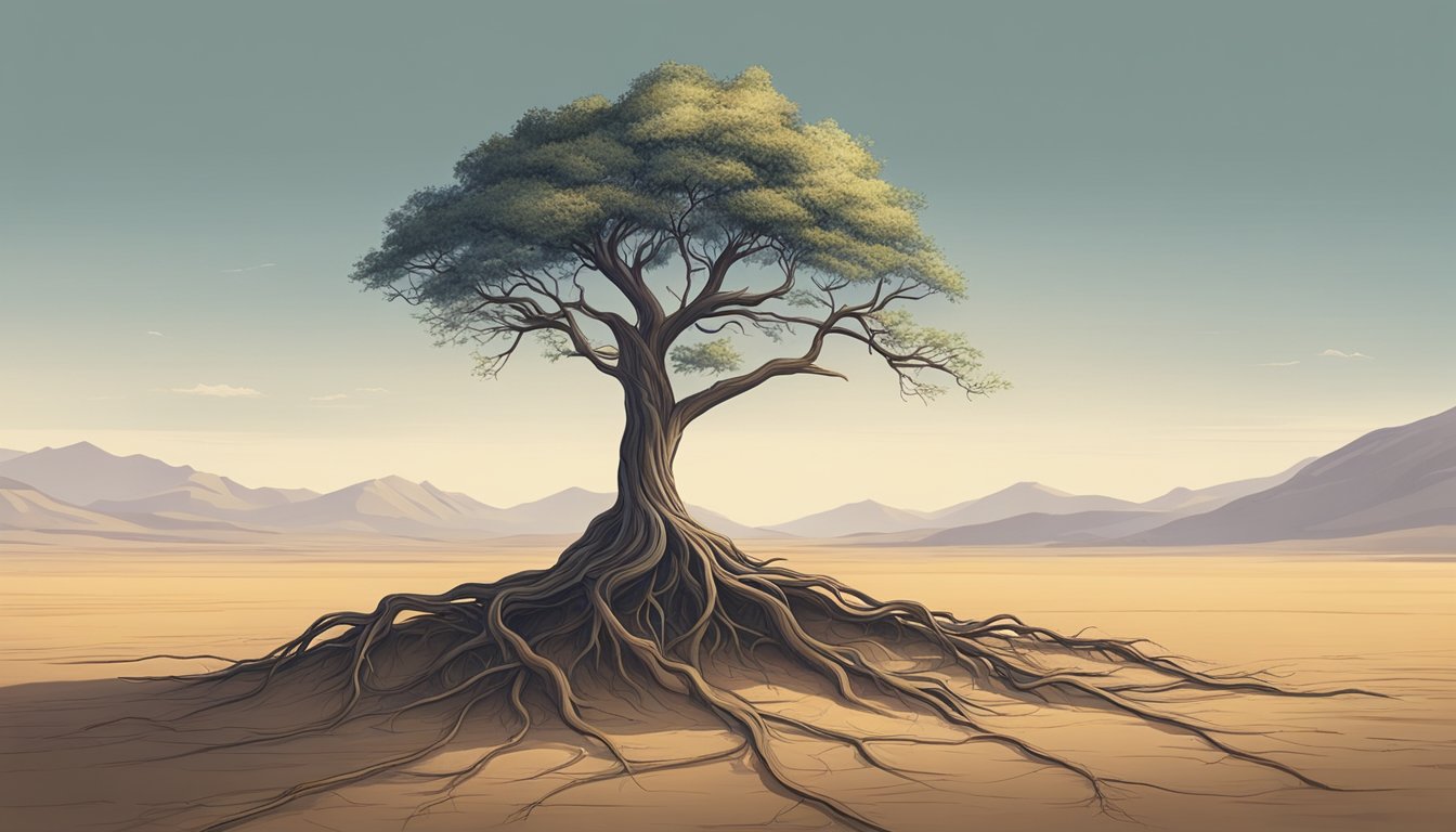 A lone tree stands tall amidst a barren landscape, its roots firmly
anchored in the ground. Despite harsh conditions, it continues to grow
and thrive, symbolizing resilience and strength in the face of
adversity