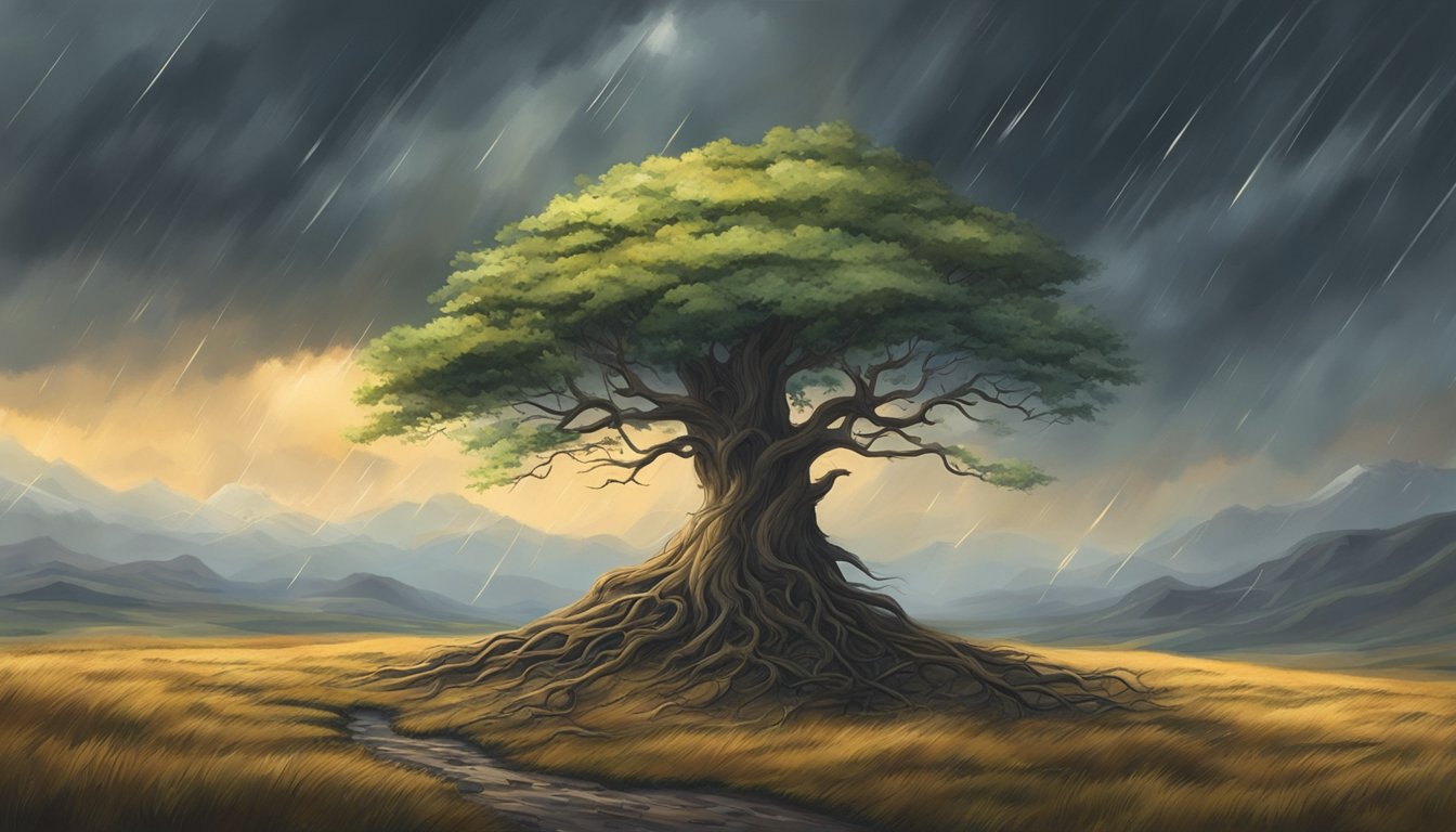 A lone tree stands tall amidst a storm, its roots firmly anchored in
the ground. Despite the fierce winds and rain, the tree remains
unyielding, symbolizing resilience and strength in the face of
adversity