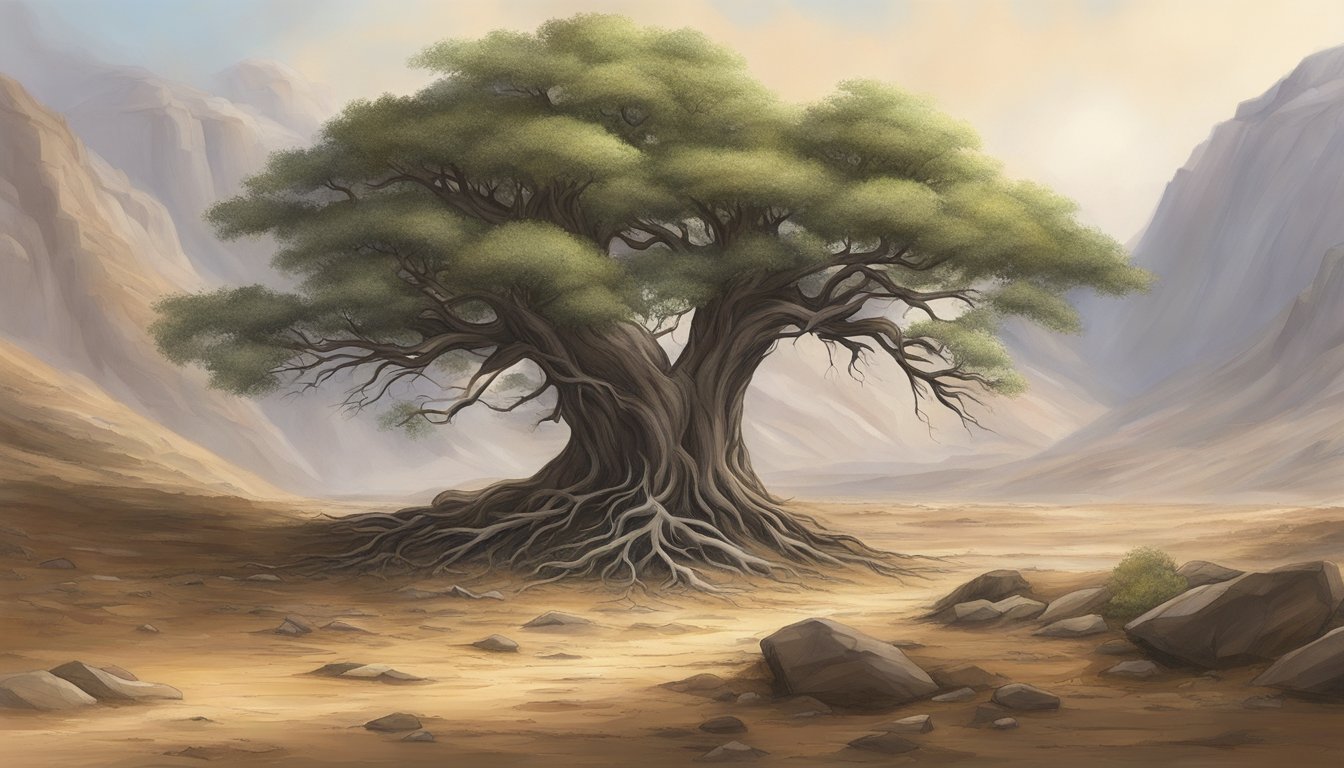 A lone tree stands tall amidst a barren landscape, its roots firmly
anchored in the rocky ground. Despite harsh conditions, the tree
thrives, symbolizing resilience and strength in the face of
adversity