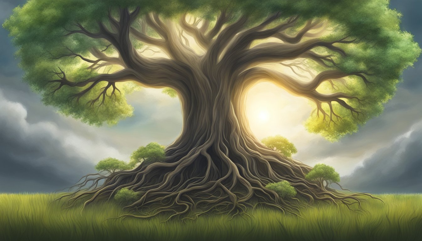 A tree with deep roots withstands a storm, while a sun shines
overhead, symbolizing resilience and
strength