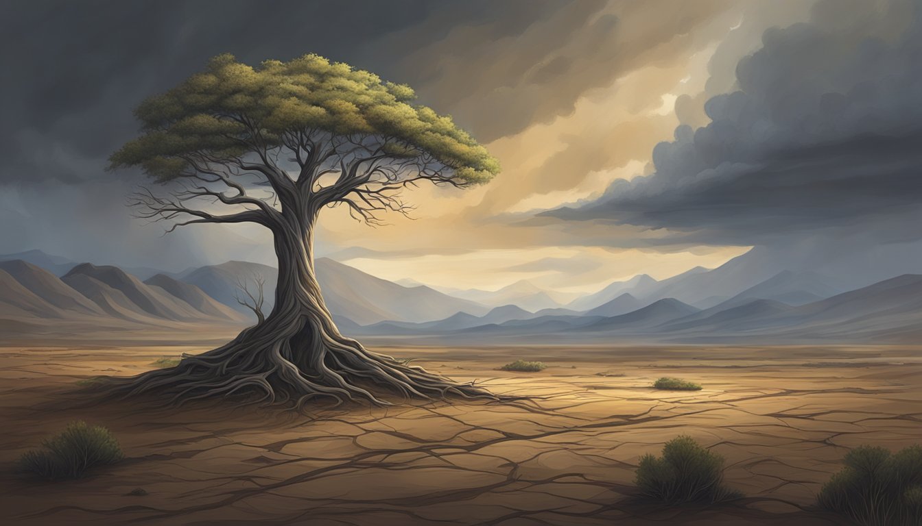 A lone tree stands tall amidst a barren landscape, its roots firmly
anchored in the rocky ground. Dark storm clouds loom overhead, but the
tree stands strong, symbolizing resilience and the ability to bounce
back from
setbacks