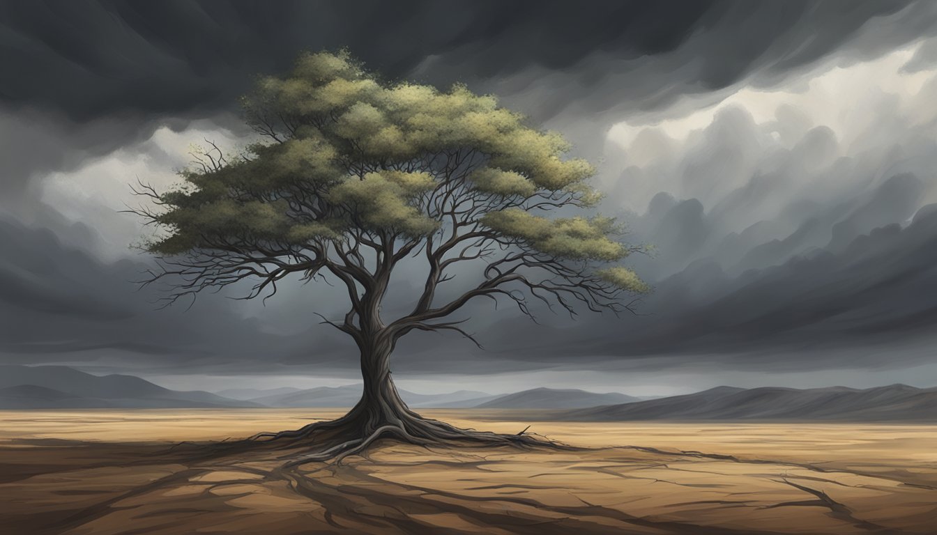 A lone tree stands tall amidst a barren landscape, its branches bent
but unbroken. Dark storm clouds loom overhead, but the tree remains
steadfast, symbolizing resilience and the ability to bounce back from
setbacks