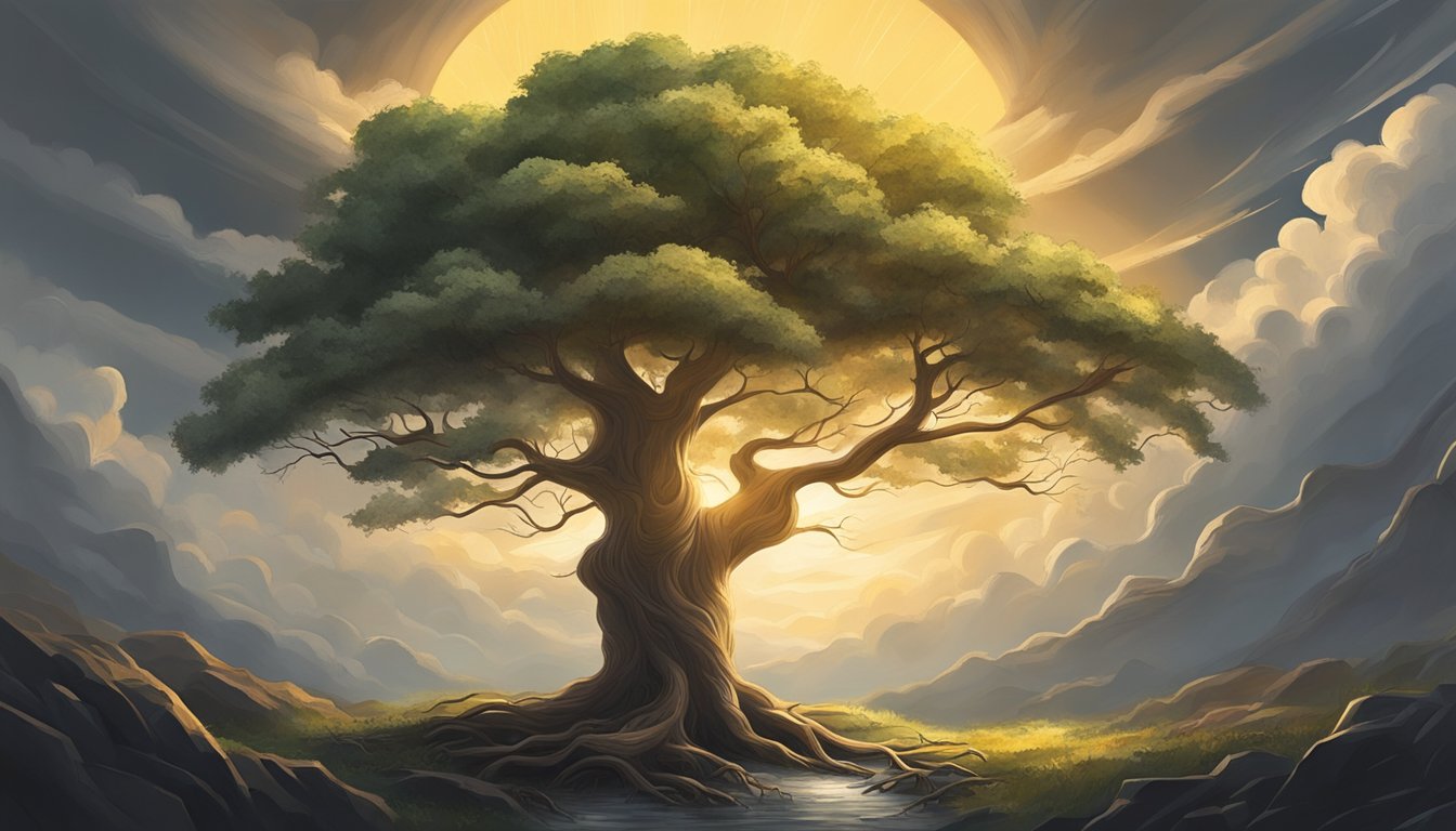 A lone tree stands tall amidst a storm, its roots firmly grounded as
it weathers the chaos. The sun breaks through the clouds, casting a warm
glow on the resilient tree, symbolizing strength and
growth