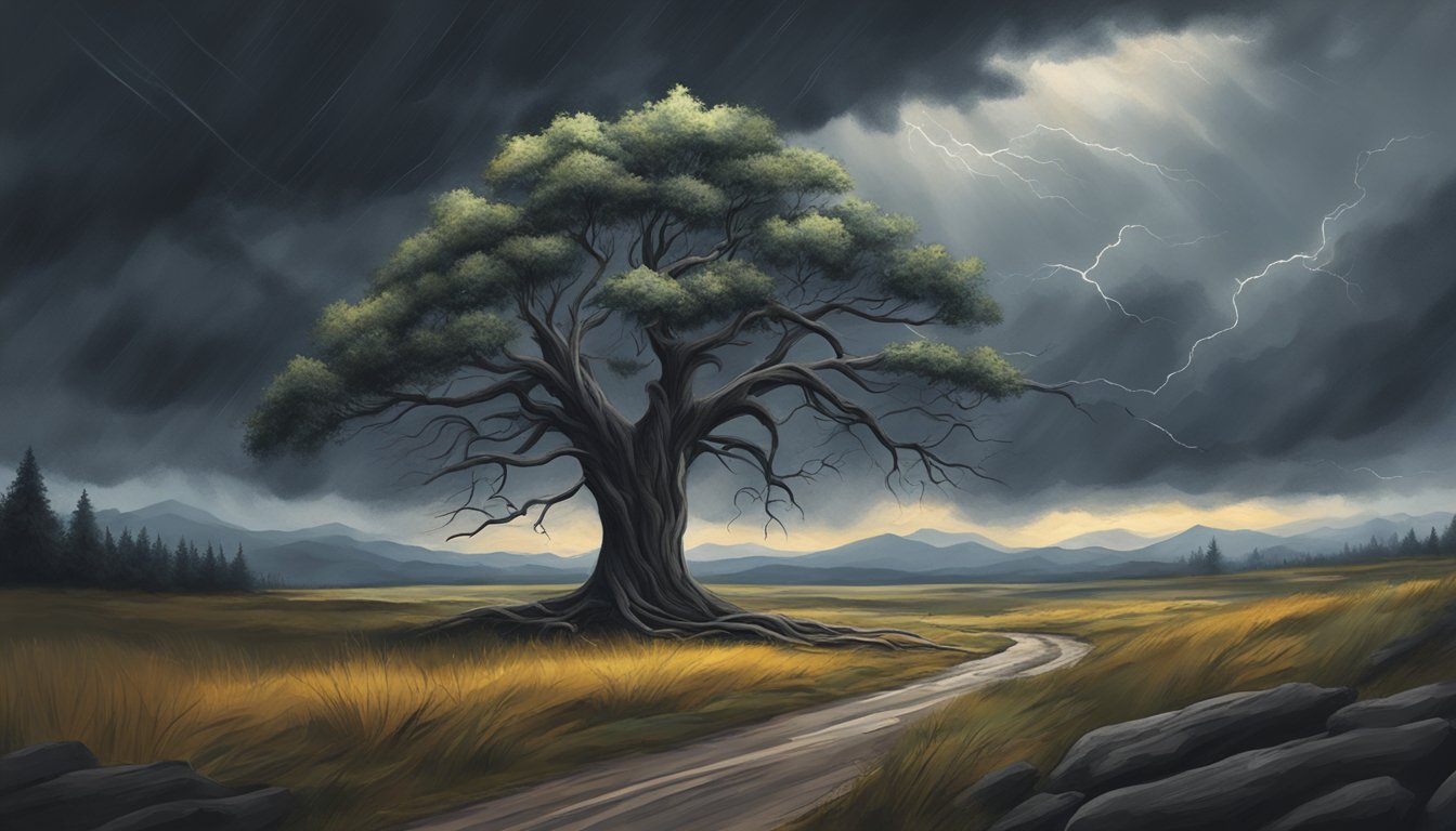A lone tree stands tall amidst a storm, its branches bending but not
breaking. Dark clouds loom overhead, but the tree remains steadfast,
symbolizing
resilience