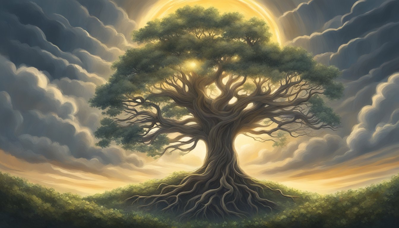 A tree stands tall amidst a storm, its branches bending but not
breaking. The roots dig deep into the earth, providing stability and
strength. The sun peeks through the clouds, symbolizing hope and
resilience