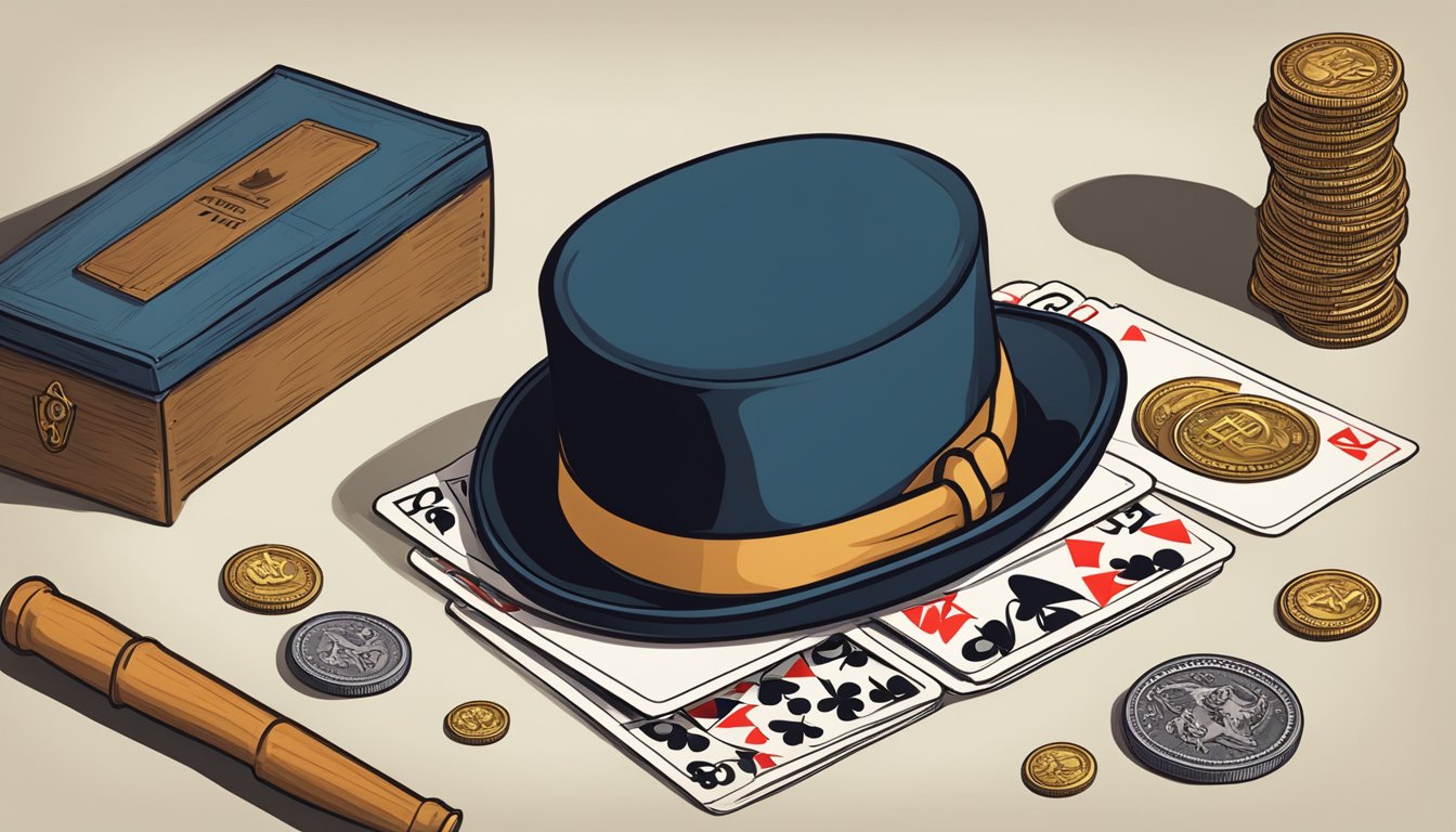 A table with a deck of cards, a coin, and a top hat. A wand and a
small box labeled “Magic Kit” sit
nearby