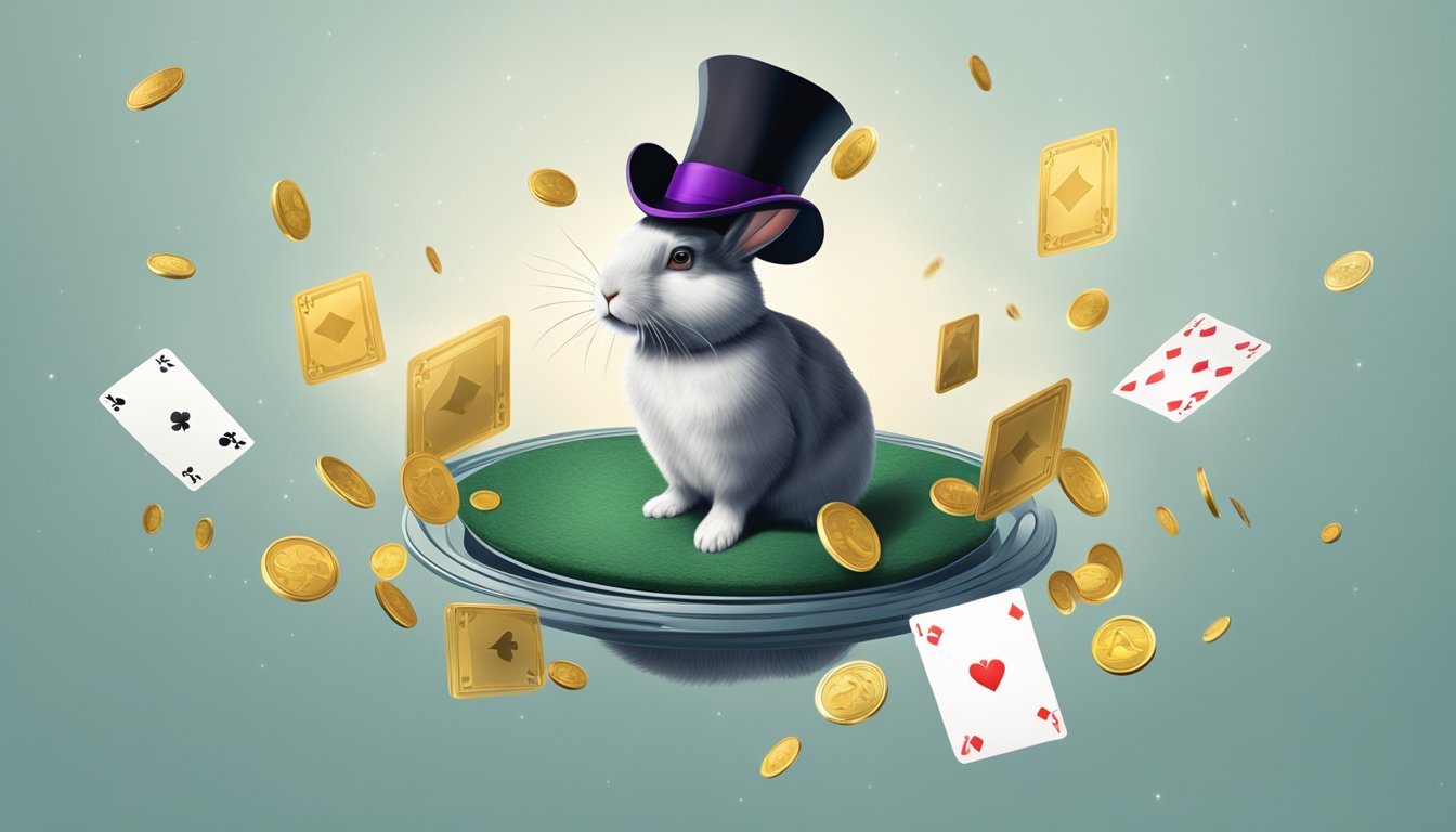 A deck of cards floating in mid-air, with a rabbit appearing out of a
top hat, and a coin mysteriously disappearing and
reappearing
