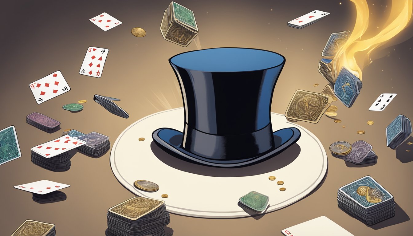 A deck of cards floats in mid-air, while a coin mysteriously
disappears. A wand and top hat sit on a table, hinting at the magic to
come
