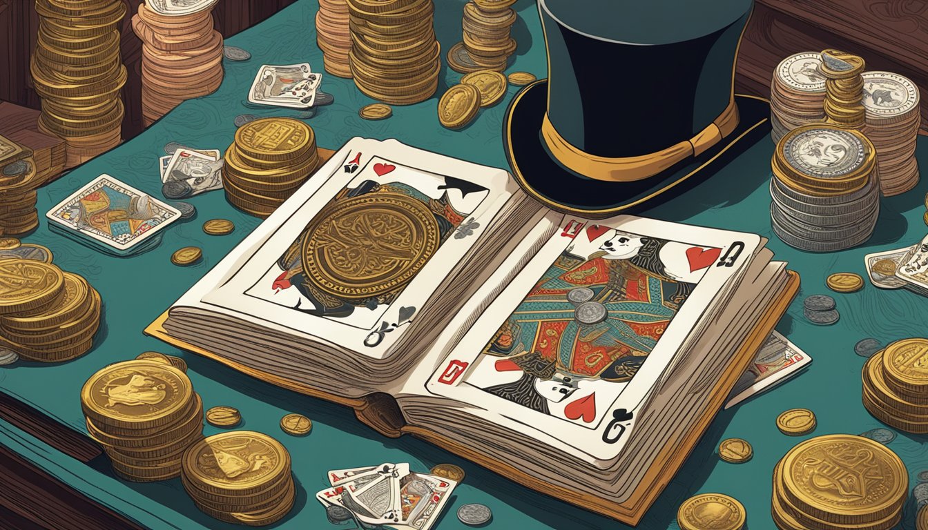 A table covered in playing cards and coins, with a top hat and wand
nearby. A book titled “Advanced Magic Tricks” open to a page showing a
levitation
trick