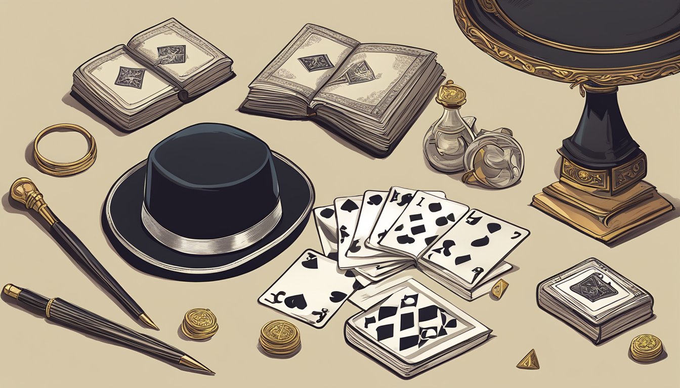 A table with a deck of cards, a wand, and a top hat. A book titled
“Simple Magic Tricks” open to a page with step-by-step
instructions