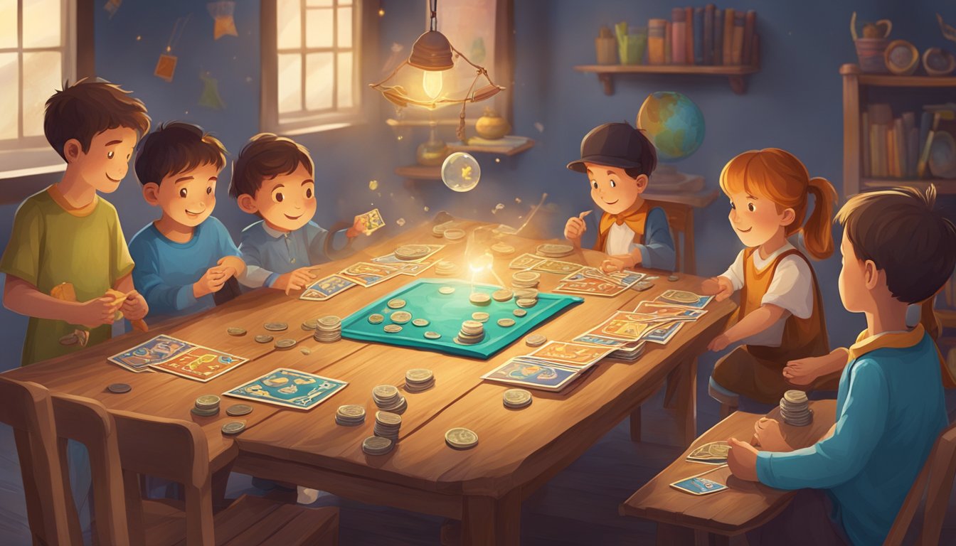 A table set with various simple magic props and tools, such as cards,
coins, and ropes, with a group of kids watching in
amazement