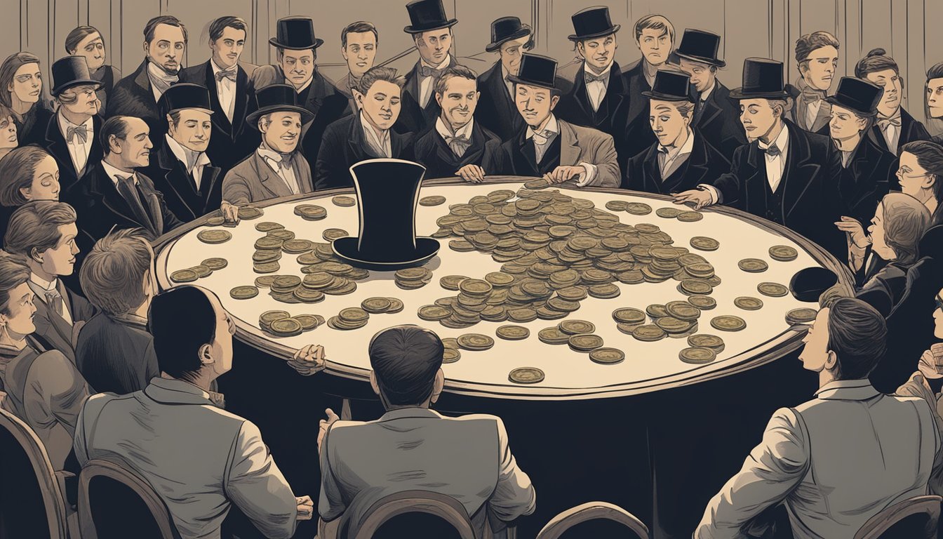 A magician’s table adorned with cards, coins, and a top hat. A crowd
watches in awe as simple magic tricks unfold before their
eyes