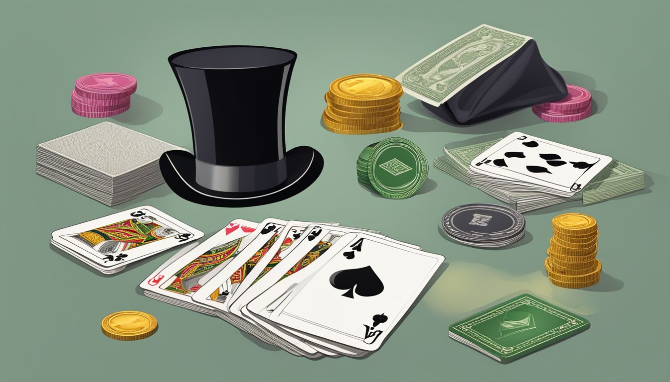 A table set with decks of cards, a top hat, and a wand. A floating
handkerchief, a disappearing coin, and a deck of levitating
cards