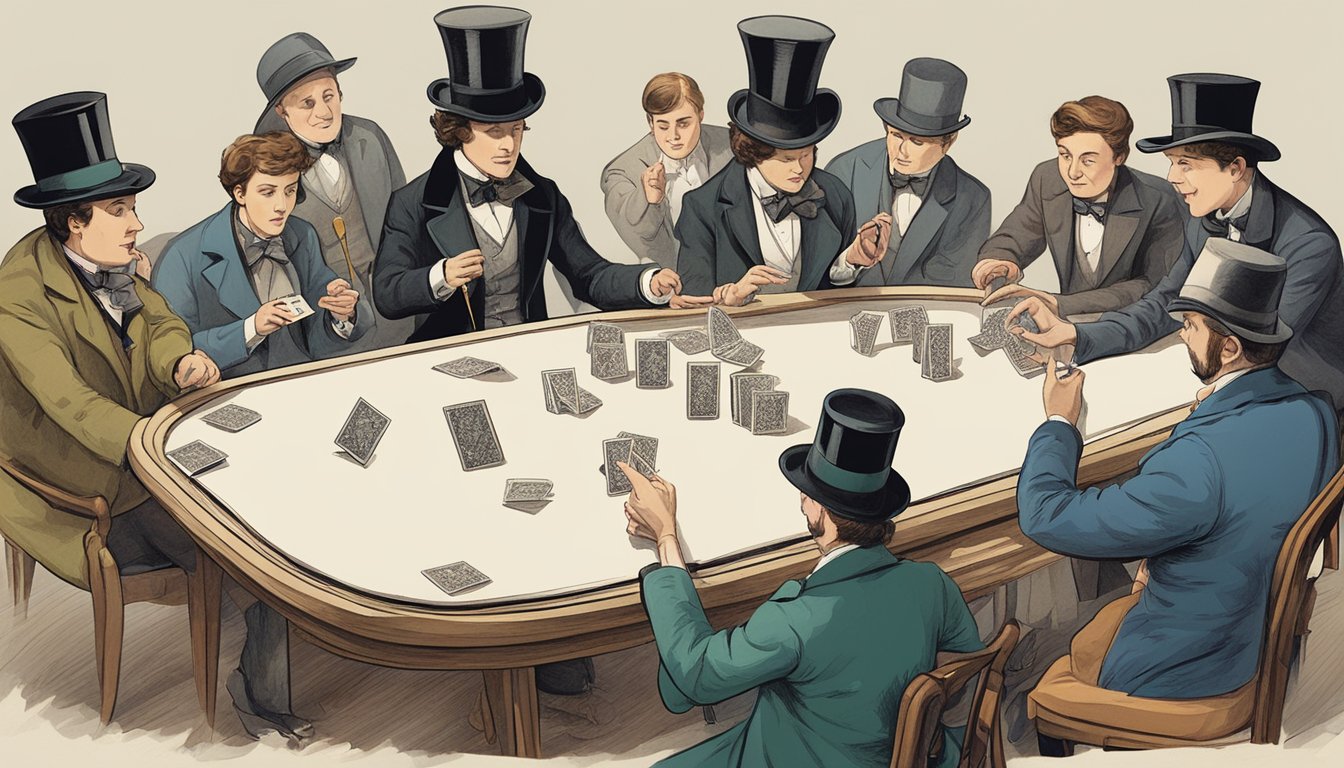 A table set with a deck of cards, a top hat, and a wand. A group of
amazed onlookers watches as simple magic tricks
unfold