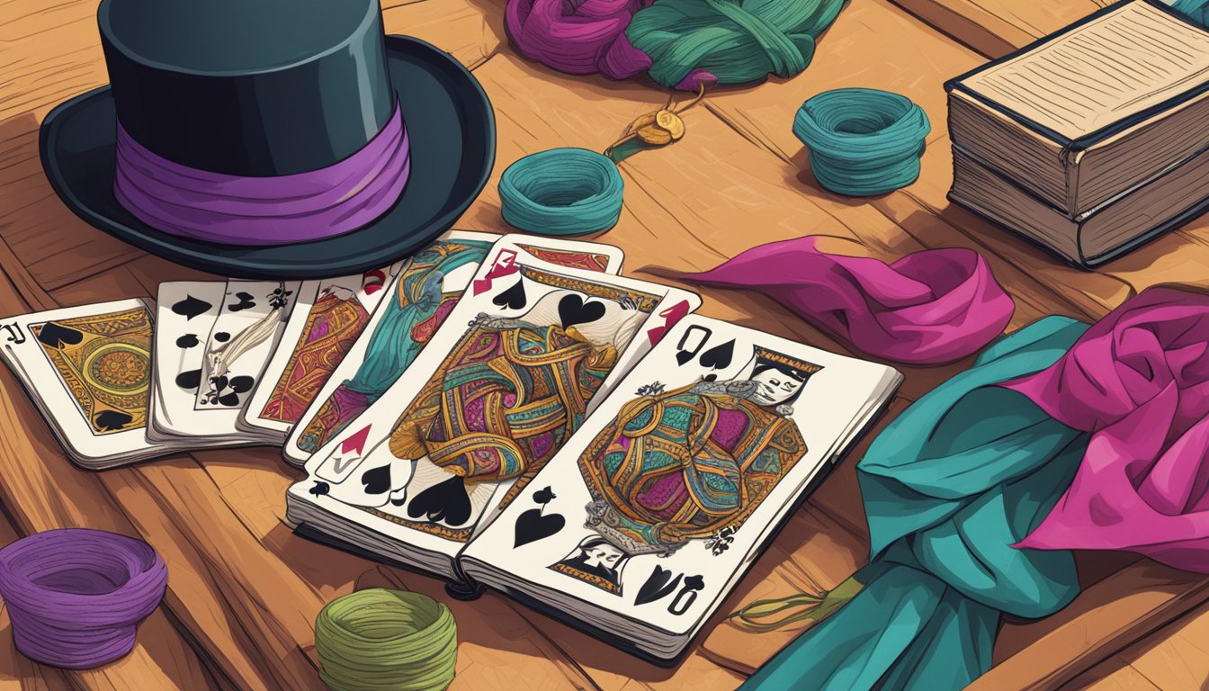 A table covered in colorful scarves, a deck of cards, and a top hat. A
wand rests next to a book titled “Simple Magic
Tricks.”