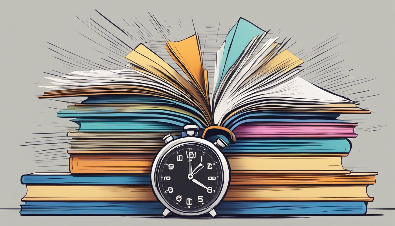 A stack of books with pages flipping rapidly, surrounded by speed
lines and a stopwatch to symbolize the concept of speed
reading