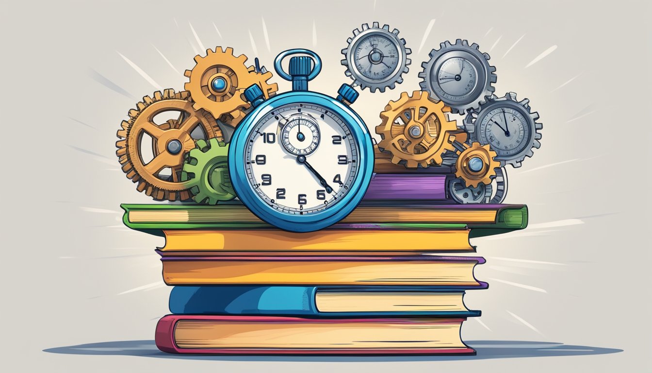 A stack of books with pages turning quickly, a stopwatch ticking, and
a brain with gears turning, depicting the concept of speed reading and
retention
techniques
