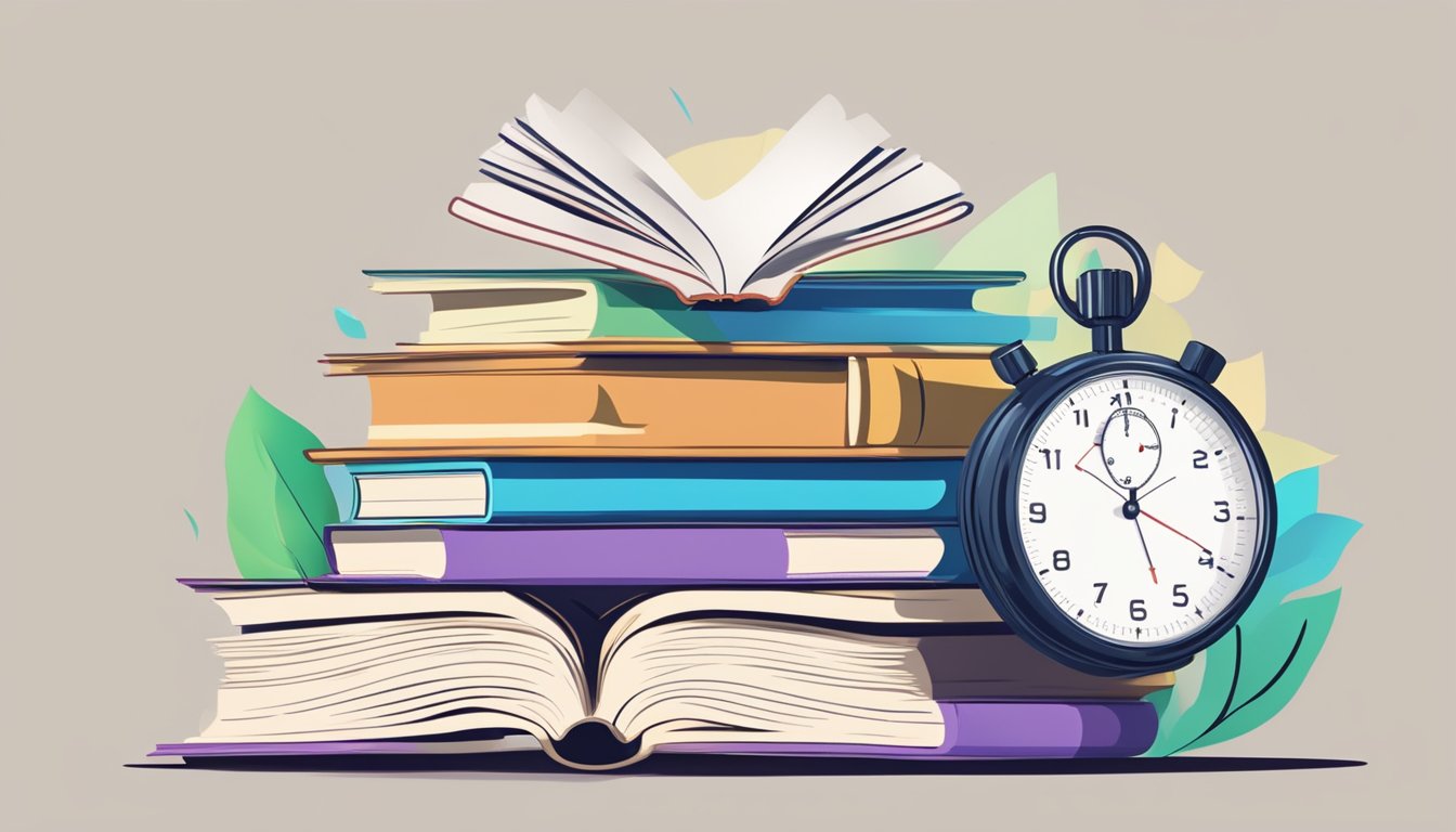 A stack of books with pages turning quickly, words blurring together.
A stopwatch ticking in the
background