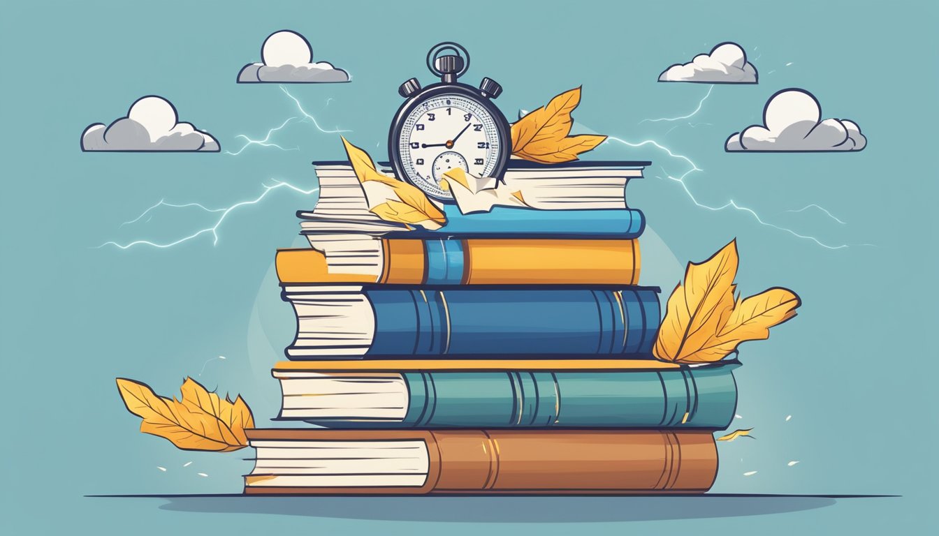 A stack of books with pages flying, a stopwatch ticking, and a brain
with lightning bolts, symbolizing speed reading and improved
retention