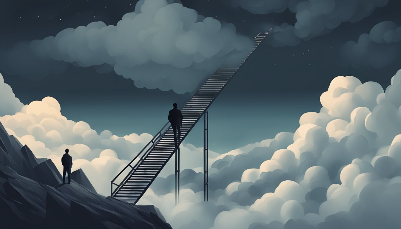 A person standing confidently on a mountaintop, surrounded by dark
clouds. A ladder leads up to the top, symbolizing the steps to overcome
imposter
syndrome