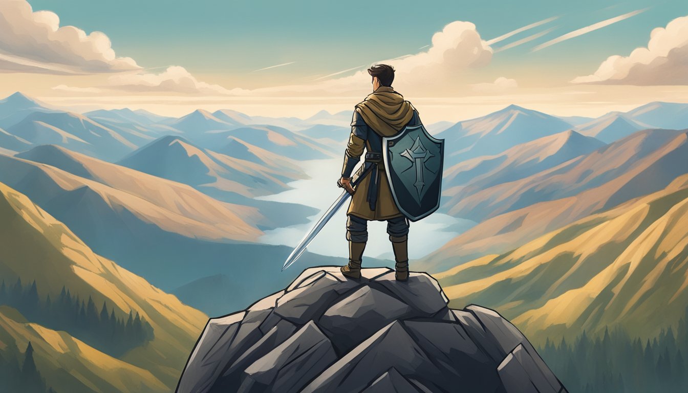 A person standing on a mountain peak, looking down at a valley. They
hold a sword in one hand and a shield in the other, representing the
inner battle against imposter
syndrome