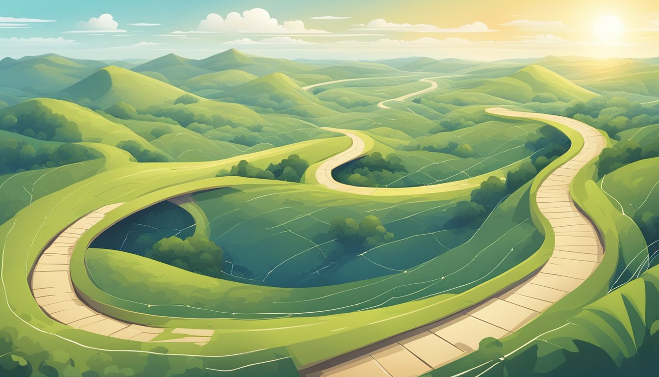 A winding path leads to a bright horizon, with obstacles scattered
along the way. A map with a clear route lies at the starting
point