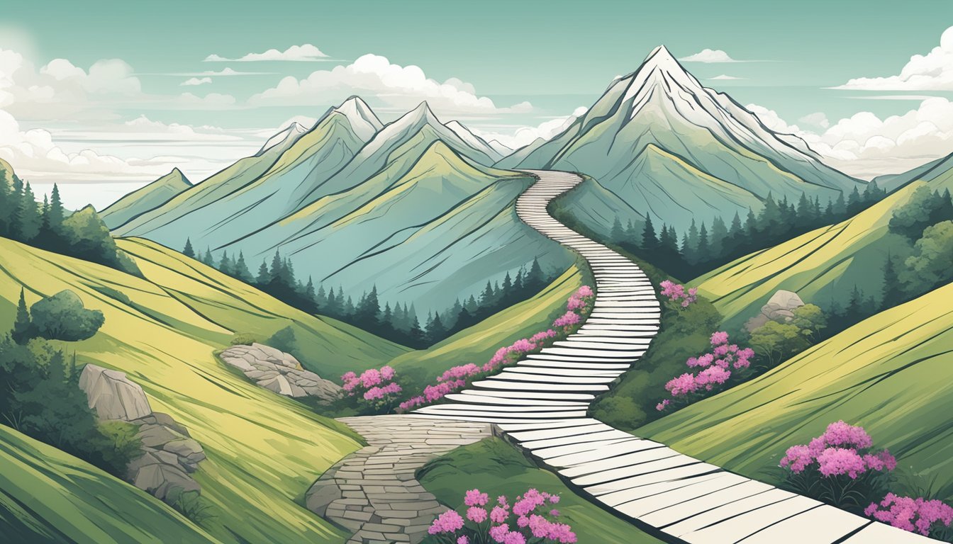 A winding path leading to a mountain peak, with a series of steps
symbolizing progress and growth. The peak represents overcoming imposter
syndrome