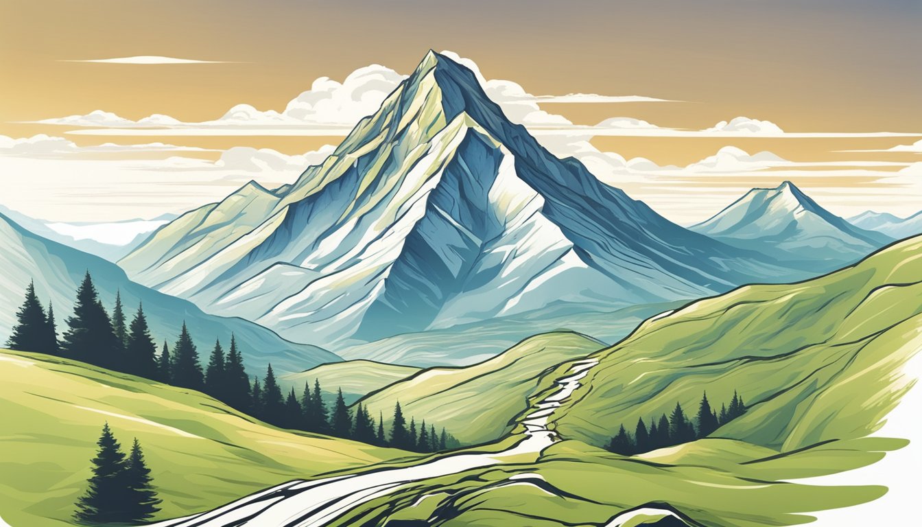 A mountain peak rises above a valley, symbolizing growth and progress.
A winding path leads towards the summit, representing the pursuit of
success