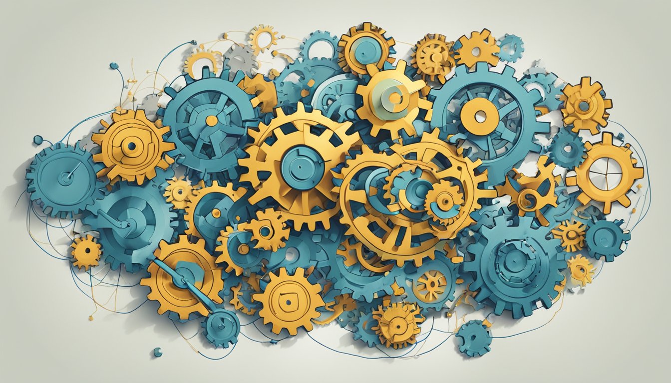 A complex network of interconnected gears and cogs symbolizing
systems, with a broken and unattainable target representing
goals